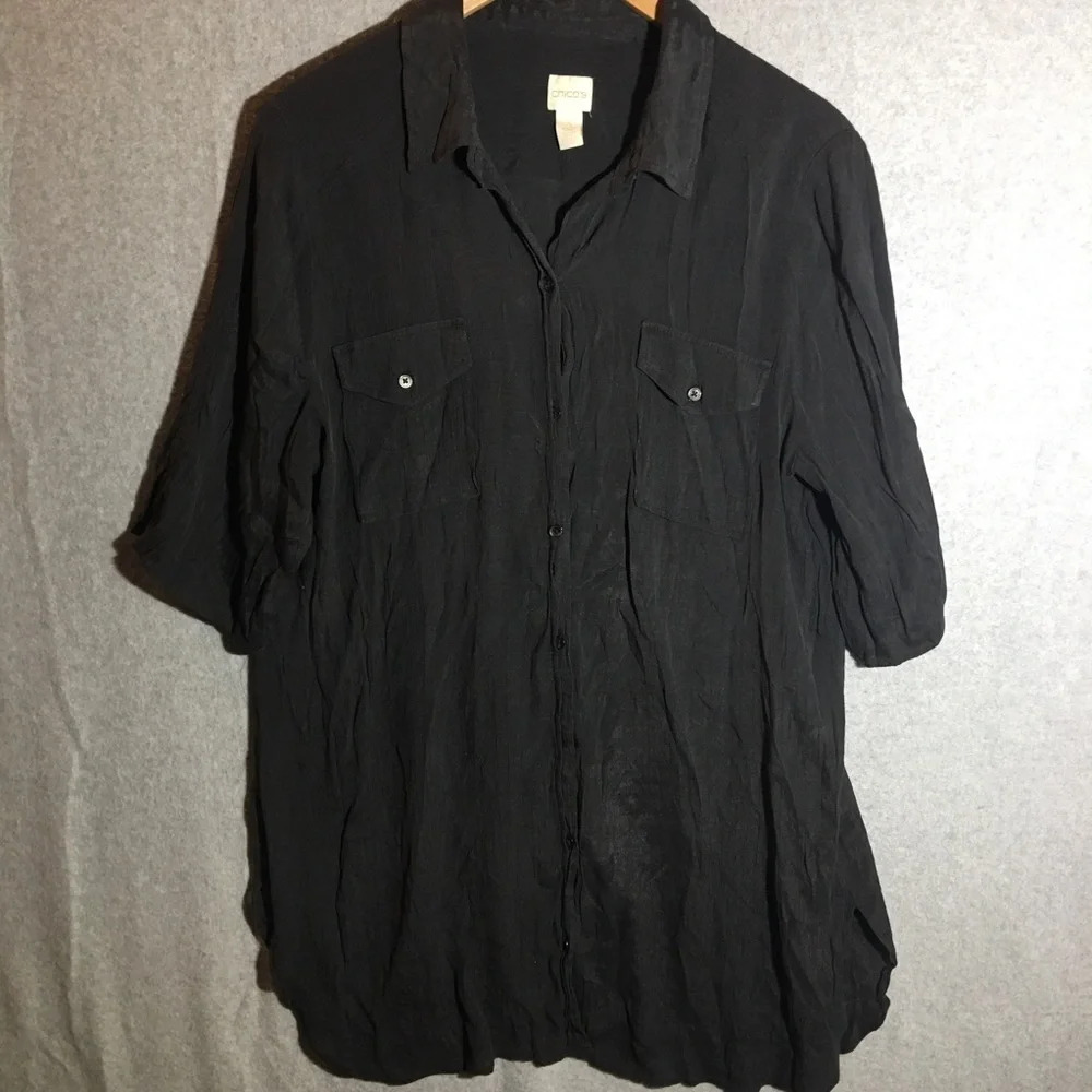 Womens Chicos Swimsuit Coverup Button Up Shirt Dress Black Sheer Casual Summer
